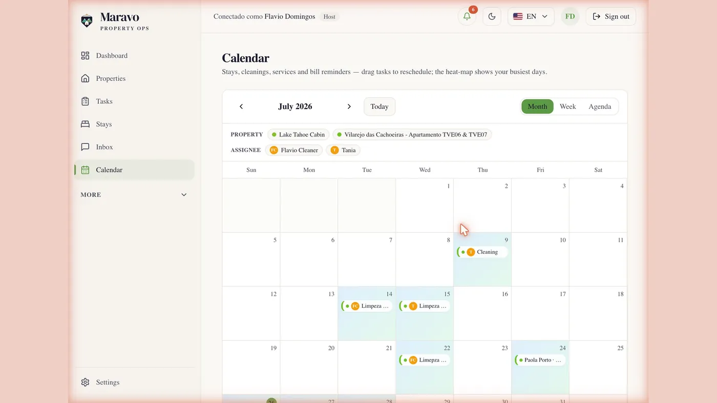 Maravo calendar with imported bookings and turnover cleans