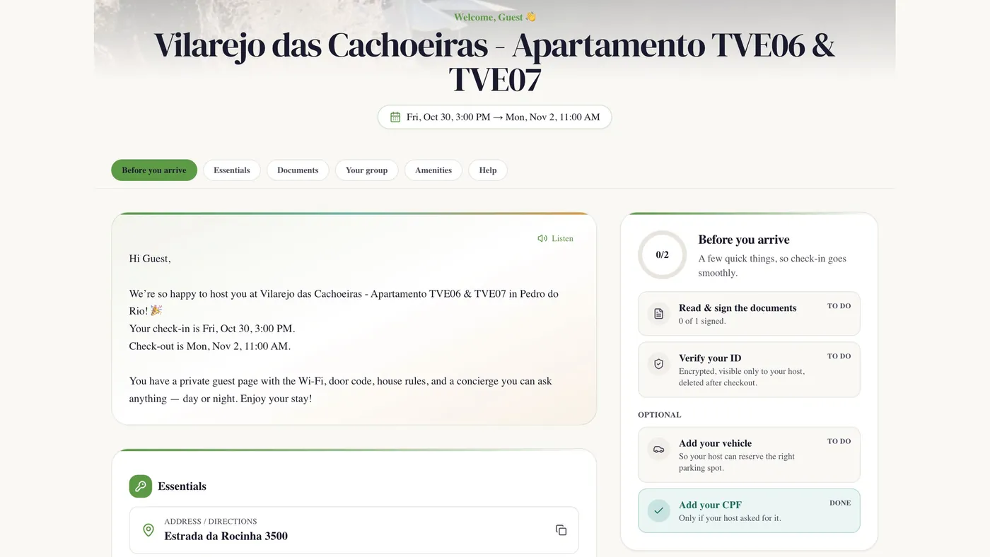 The Maravo guest page with welcome message and arrival checklist