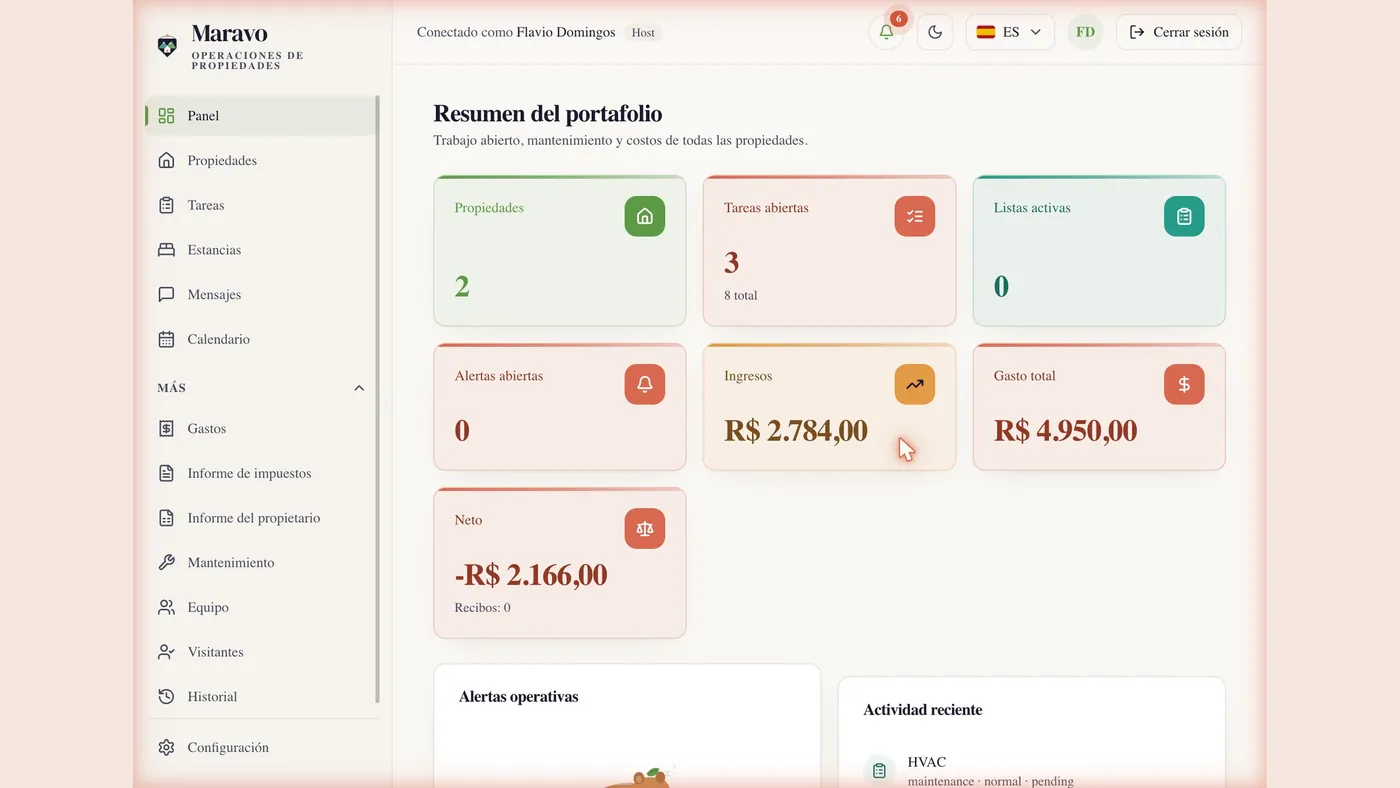 Panel de Maravo con propiedades, tareas abiertas, ingresos y gastos