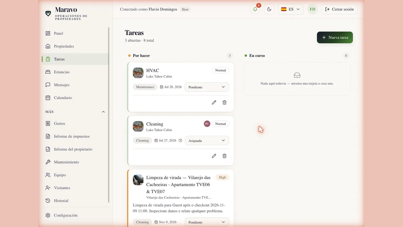 Tablero de tareas de Maravo con limpieza y mantenimiento