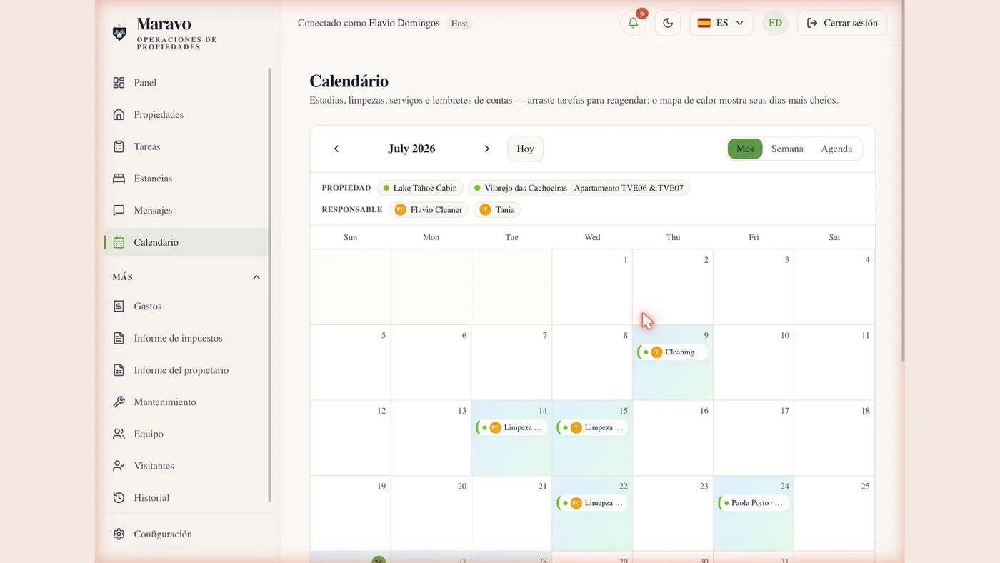 Calendario de Maravo con reservas importadas y limpiezas de cambio