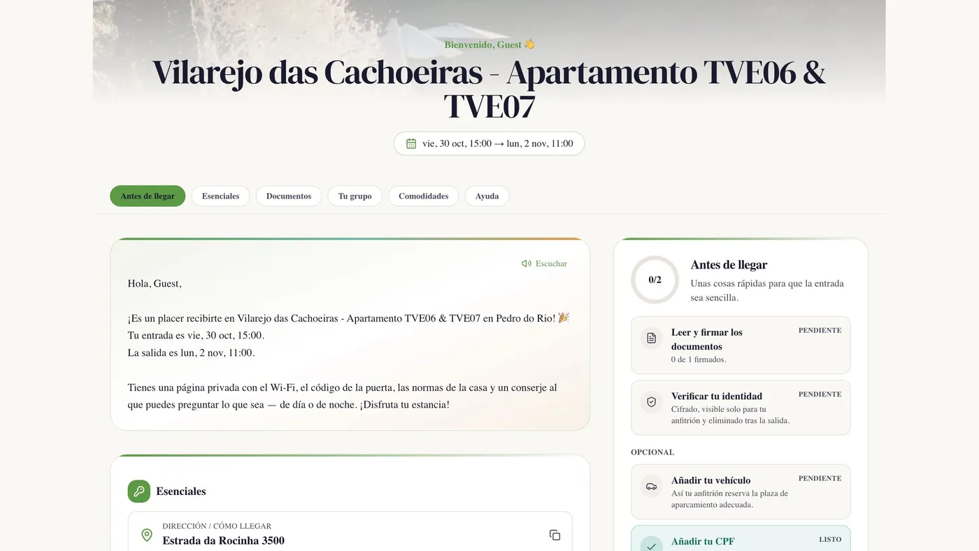 Página del huésped de Maravo con bienvenida y lista de llegada