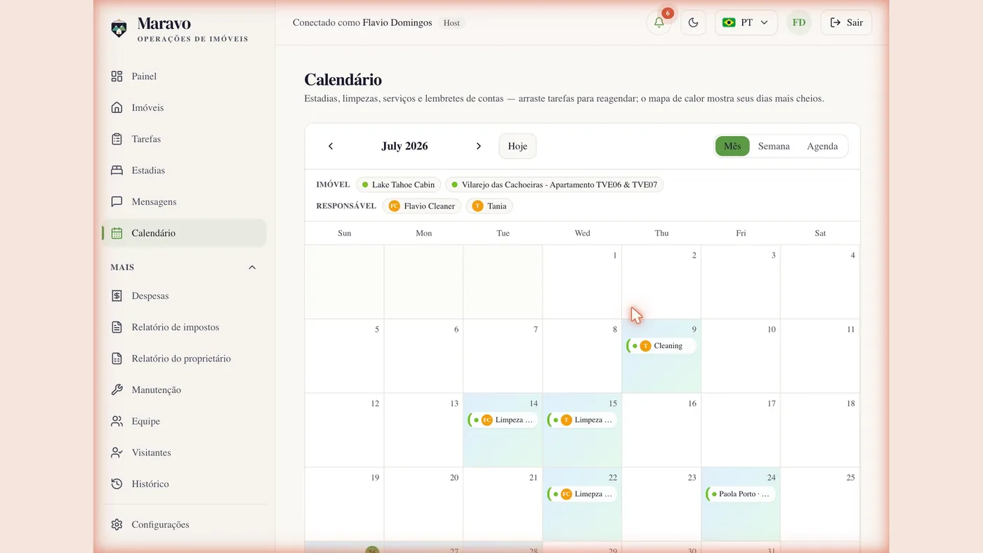 Calendário do Maravo com reservas importadas e limpezas de virada