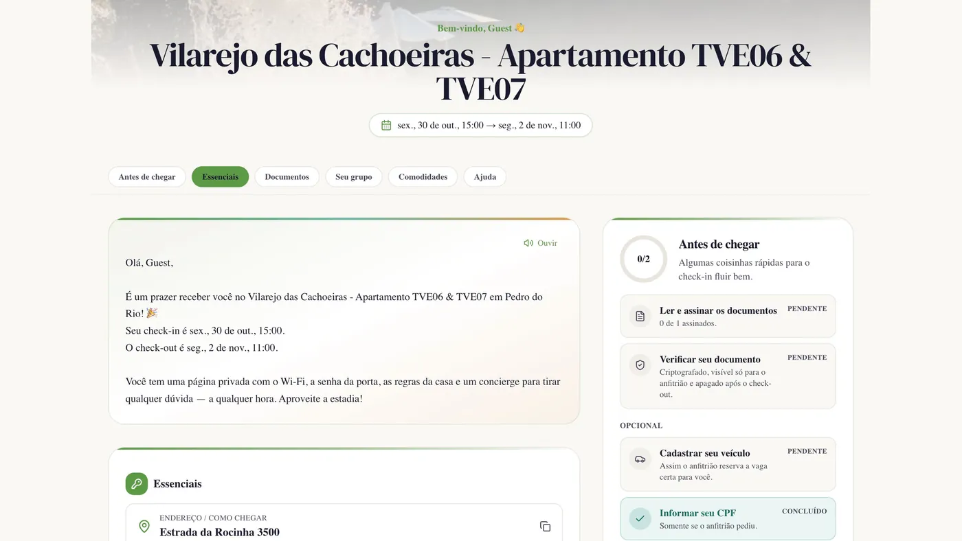 Página do hóspede do Maravo com boas-vindas e checklist de chegada